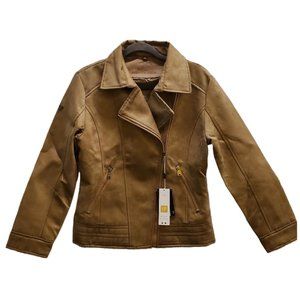 NWT Superlative Fashion Faux Suede Tan Zip Front Moto Jacket Size Medium